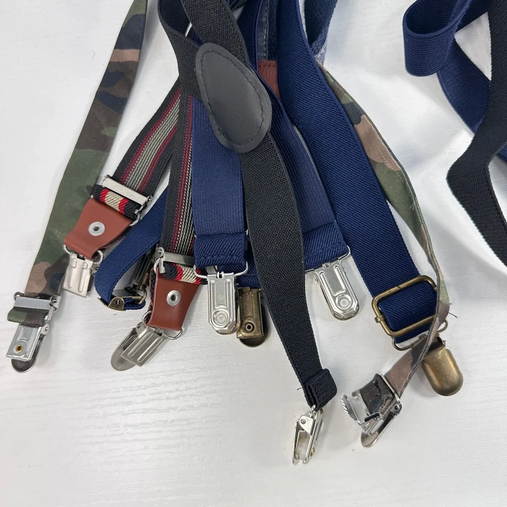 Assorted Kids Suspenders Lot of 6 Camo Navy Black Striped Clip-On Adjustable